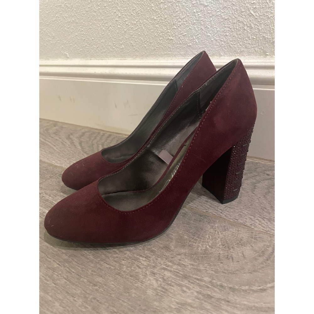 Libby Edelman Burgundy Faux Suede Embellished Block Heel Pumps Size 6